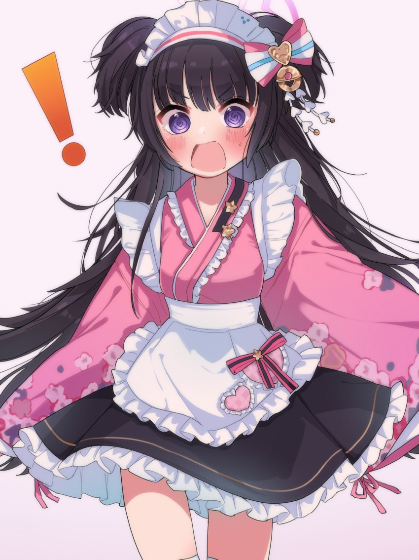 ! 1girl @_@ apron black_hair blue_archive blush frills grey_background hair_ornament highres japanese_clothes long_hair long_sleeves maid_headdress open_mouth shizuko_(blue_archive) simple_background solo sweatdrop violet_eyes