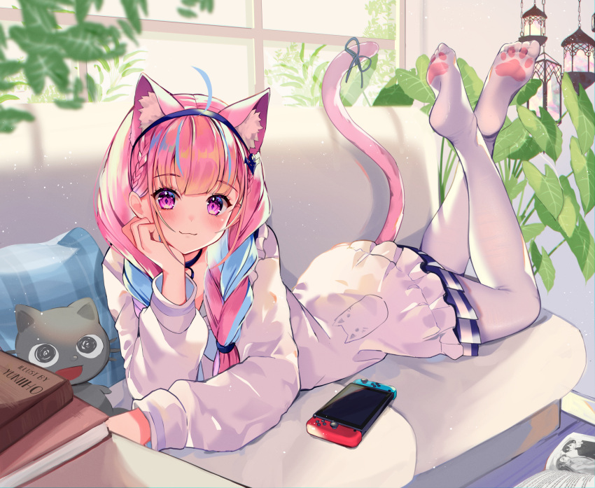 1girl :3 animal_ear_fluff animal_ears artist_name blue_hair blue_skirt blush book braid cat_ears cat_tail choker commentary couch crossed_ankles cushion day diamond-shaped_pupils diamond_(shape) eyebrows_visible_through_hair hairband hand_on_own_chin head_rest highres hololive jacket lantern legs_up long_hair long_sleeves looking_at_viewer lying minato_aqua multicolored_hair nintendo_switch no_shoes on_stomach pantyhose paw_print pink_eyes pink_hair pink_tail plant potted_plant print_legwear ribbon skirt solo stuffed_animal stuffed_cat stuffed_toy symbol-shaped_pupils tail tail_ornament tail_ribbon twin_braids two-tone_hair virtual_youtuber white_jacket white_legwear window yuniiho