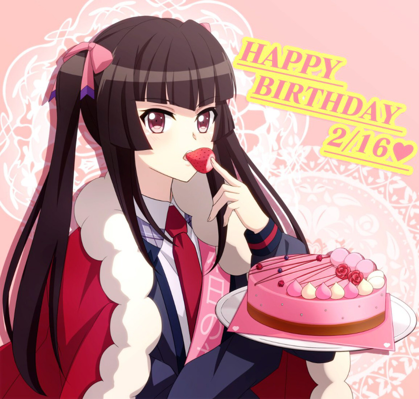 1girl bangs blunt_bangs bow brown_hair cake cape cardigan collared_shirt eating eyebrows_visible_through_hair floating_hair food fur-trimmed_cape fur_trim grey_cardigan hair_bow happy_birthday heart holding holding_plate long_hair long_sleeves miona_yui necktie open_cardigan open_clothes pink_background pink_bow pink_eyes plate red_cape red_neckwear senki_zesshou_symphogear shiny shiny_hair shirt solo tsukuyomi_shirabe twintails upper_body very_long_hair white_shirt wing_collar
