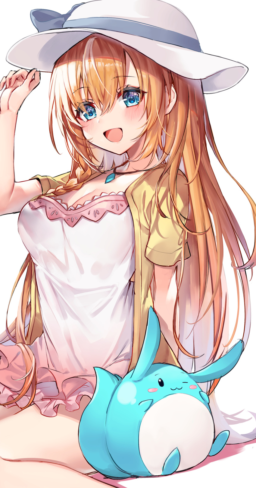1girl 40_(0f0urw) :d ;3 absurdres arm_up bangs blonde_hair blue_eyes blue_ribbon blush breasts commentary_request dress eyebrows_visible_through_hair eyes_visible_through_hair hair_between_eyes hand_on_headwear hat hat_ribbon highres jewelry long_hair medium_breasts one_eye_closed open_mouth pecorine_(princess_connect!) pecorine_(real)_(princess_connect!) pendant princess_connect! princess_connect!_re:dive ribbon sitting smile solo sun_hat very_long_hair white_background white_dress white_headwear