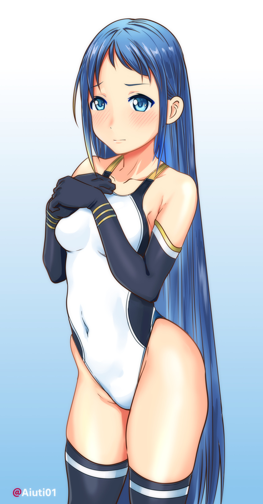1girl absurdres aiuti black_gloves black_legwear black_swimsuit blue_background blue_eyes blue_hair breasts collarbone competition_swimsuit covered_navel cowboy_shot elbow_gloves eyebrows forehead_kiss gloves gradient gradient_background gradient_hair highleg highres kantai_collection kiss long_hair looking_at_viewer multicolored_hair one-piece_swimsuit samidare_(kancolle) small_breasts solo swimsuit swimwear thigh-highs thighs twitter_username two-tone_swimsuit very_long_hair white_swimsuit