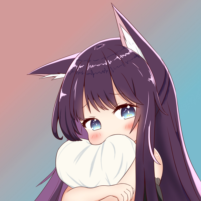 1girl animal_ear_fluff animal_ears black_hair black_negligee blue_eyes blush city_cat covered_mouth face fox_ears fox_girl gradient gradient_background highres lingerie long_hair looking_at_viewer negligee original pillow pillow_hug sleepwear solo underwear upper_body very_long_hair
