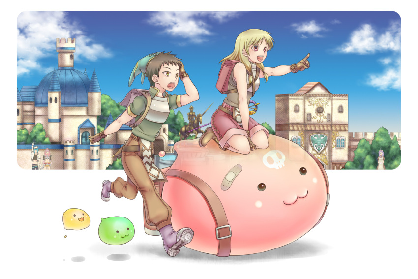 2boys 3girls :3 apron armor backpack bag bandaid blonde_hair blue_sky boobplate boots breastplate brown_dress brown_footwear brown_gloves brown_hair brown_pants brown_shirt brown_skirt building castle clouds crop_top cross dagger day dress drops_(ragnarok_online) gloves green_eyes green_headwear green_shirt hunter_(ragnarok_online) jacket long_hair maid maid_headdress mastering multiple_boys multiple_girls novice_(ragnarok_online) outdoors paladin_(ragnarok_online) pants pavianne_(ragnarok_online) pink_eyes pink_shorts pointing poporing purple_footwear purple_hair ragnarok_online retgra riding running scabbard sheath shirt short_sleeves shorts skirt skull sky sleeveless sleeveless_shirt slime_(creature) statue tree waving weapon white_apron white_jacket wristband
