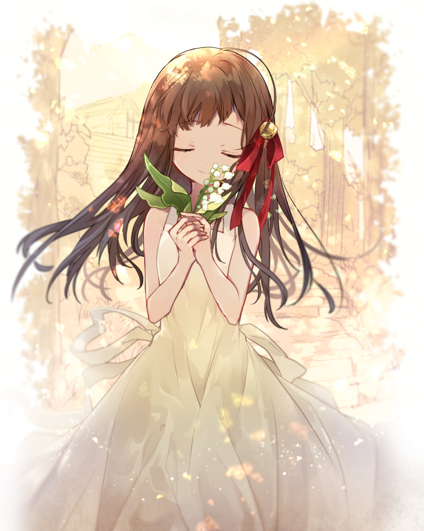 1girl bangs bare_arms bare_shoulders bell bow brown_hair closed_eyes closed_mouth cyawa dress eyebrows_visible_through_hair facing_viewer flower hair_bell hair_bow hair_ornament highres holding holding_flower jingle_bell long_hair original red_bow sleeveless sleeveless_dress smile solo tree very_long_hair white_dress white_flower