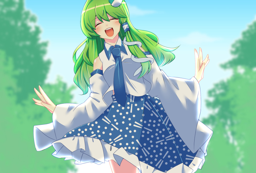 1girl ^_^ bangs bare_legs bare_shoulders blue_neckwear blue_skirt blue_sky blurry blurry_background blush breasts closed_eyes clouds cloudy_sky collared_shirt commentary_request cropped_legs detached_sleeves dutch_angle eyebrows_visible_through_hair forest frilled_skirt frills frog_hair_ornament green_hair hair_between_eyes hair_ornament hair_tubes happy highres kochiya_sanae long_hair medium_breasts mokutan_(link_machine) nature necktie open_mouth outstretched_arms shiny shiny_hair shiny_skin shirt skirt sky sleeveless sleeveless_shirt smile snake_hair_ornament solo touhou tree upper_body upper_teeth white_shirt |d