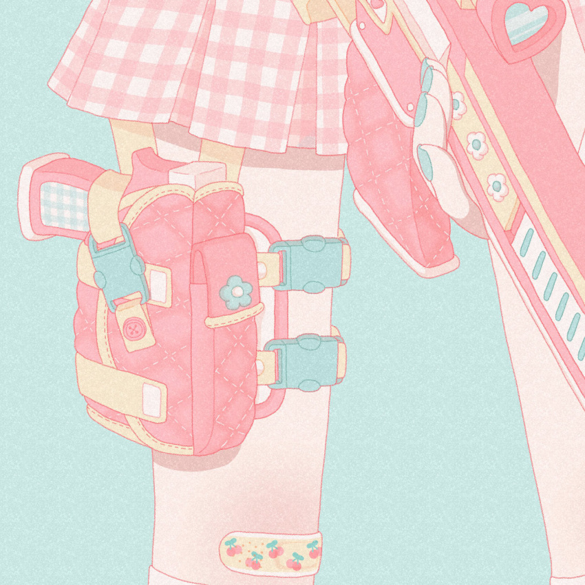 1girl aqua_background aqua_nails assault_rifle bandaged_leg bandages commentary gun handgun highres holding holding_gun holding_weapon holster holstered_weapon leg_holster nail_polish nekomaru0817 original pastel_colors pink_skirt pistol plaid plaid_skirt pouch rifle simple_background skirt solo symbol_commentary weapon