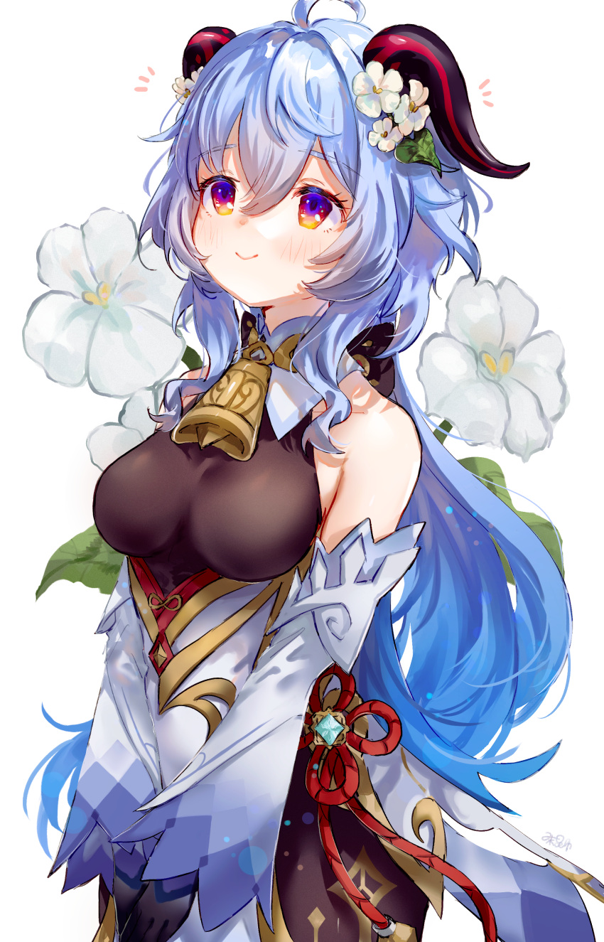 1girl absurdres ahoge bangs bare_shoulders bell blue_hair blush bodysuit bodysuit_under_clothes breasts closed_mouth cowbell detached_sleeves eyebrows_visible_through_hair flower ganyu_(genshin_impact) genshin_impact hair_between_eyes hair_flower hair_ornament highres horns long_hair smile solo syukonbu violet_eyes vision_(genshin_impact) white_flower