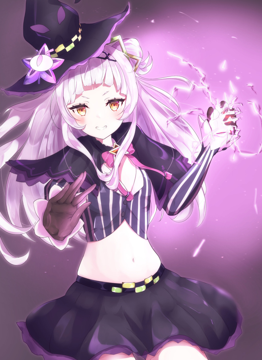 1girl black_headwear black_skirt electricity flat_chest floating_hair hair_bun hat highres hololive leaning_to_the_side long_hair looking_at_viewer magic midriff murasaki_shion navel open_hands short_eyebrows skirt smile solo ushi_miruki v-shaped_eyebrows virtual_youtuber witch_hat