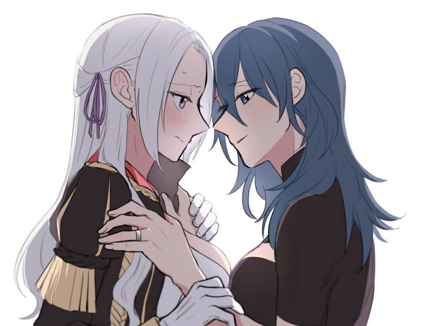 2girls bangs black_shirt blue_eyes blue_hair blush breasts byleth_(fire_emblem) byleth_eisner_(female) cleavage_cutout closed_mouth clothing_cutout collared_shirt commentary_request couple edelgard_von_hresvelg embarrassed eyebrows_visible_through_hair face-to-face fire_emblem fire_emblem:_three_houses from_side garreg_mach_monastery_uniform gloves hair_between_eyes hair_ribbon hands_on_another's_chest jewelry long_hair long_sleeves looking_at_another multiple_girls parted_bangs parted_lips purple_ribbon ribbon ring riromomo shirt short_sleeves simple_background smile sweatdrop uniform upper_body violet_eyes white_background white_gloves white_hair yuri