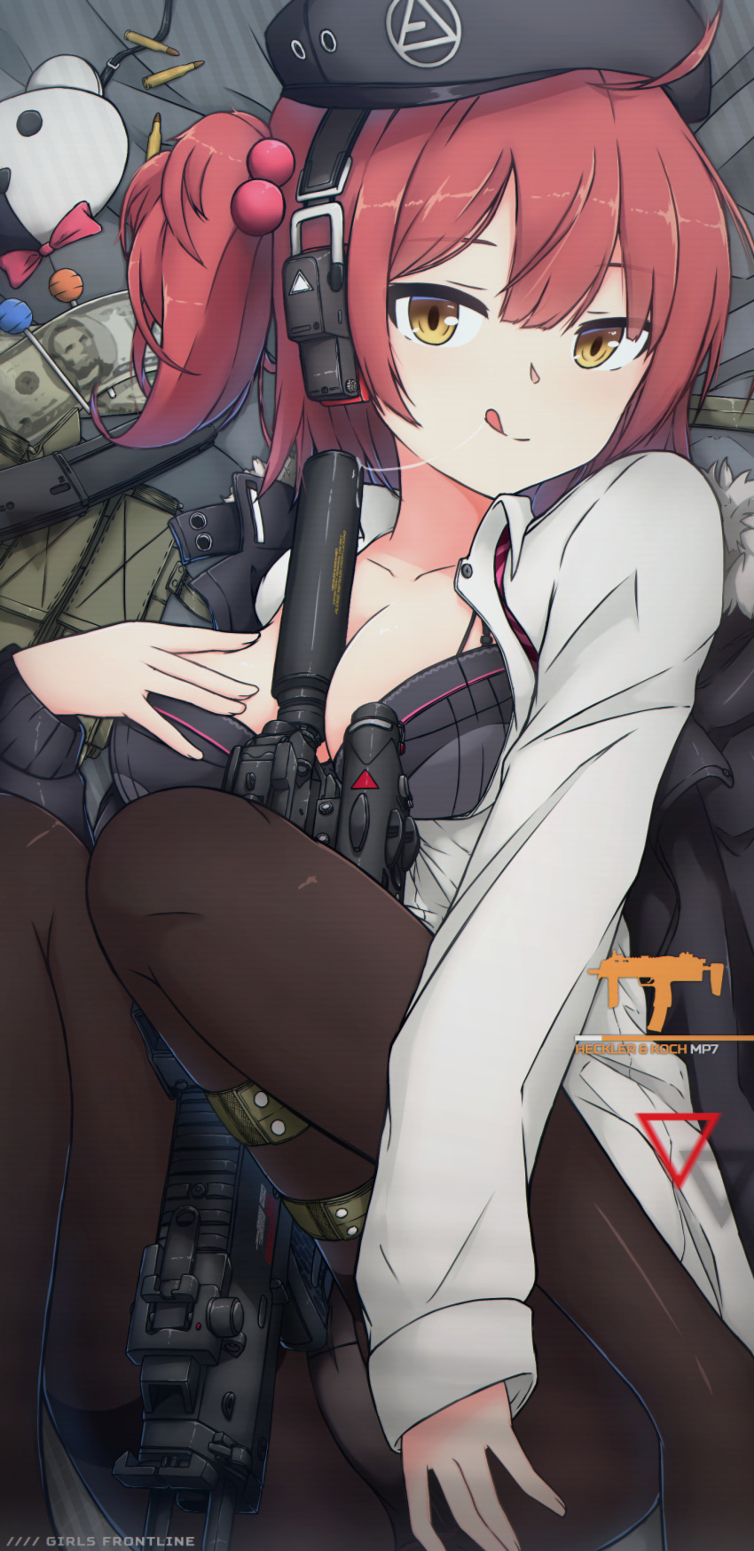 1girl absurdres ahoge beret breasts girls_frontline gun h&amp;k_mp7 hat highres medium_breasts mp7_(girls_frontline) pantyhose partially_undressed redhead saliva saliva_trail short_hair solo submachine_gun tongue tongue_out weapon xandier59 yellow_eyes