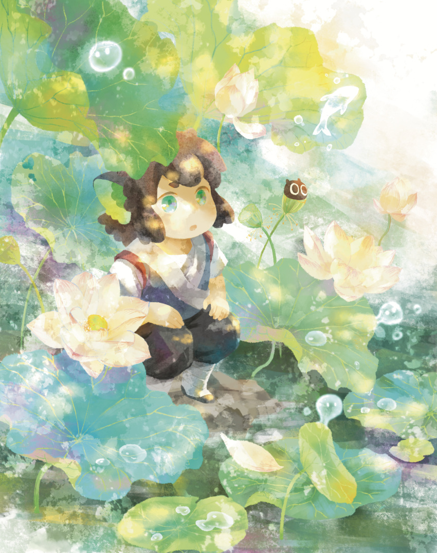 1boy animal_ears black_hair black_pants cat_boy cat_ears dappled_sunlight flower green_eyes highres huge_filesize leaf luoxiaohei pants parted_lips plant setani_o short_hair short_sleeves solo squatting sunlight the_legend_of_luo_xiaohei white_flower wide_shot