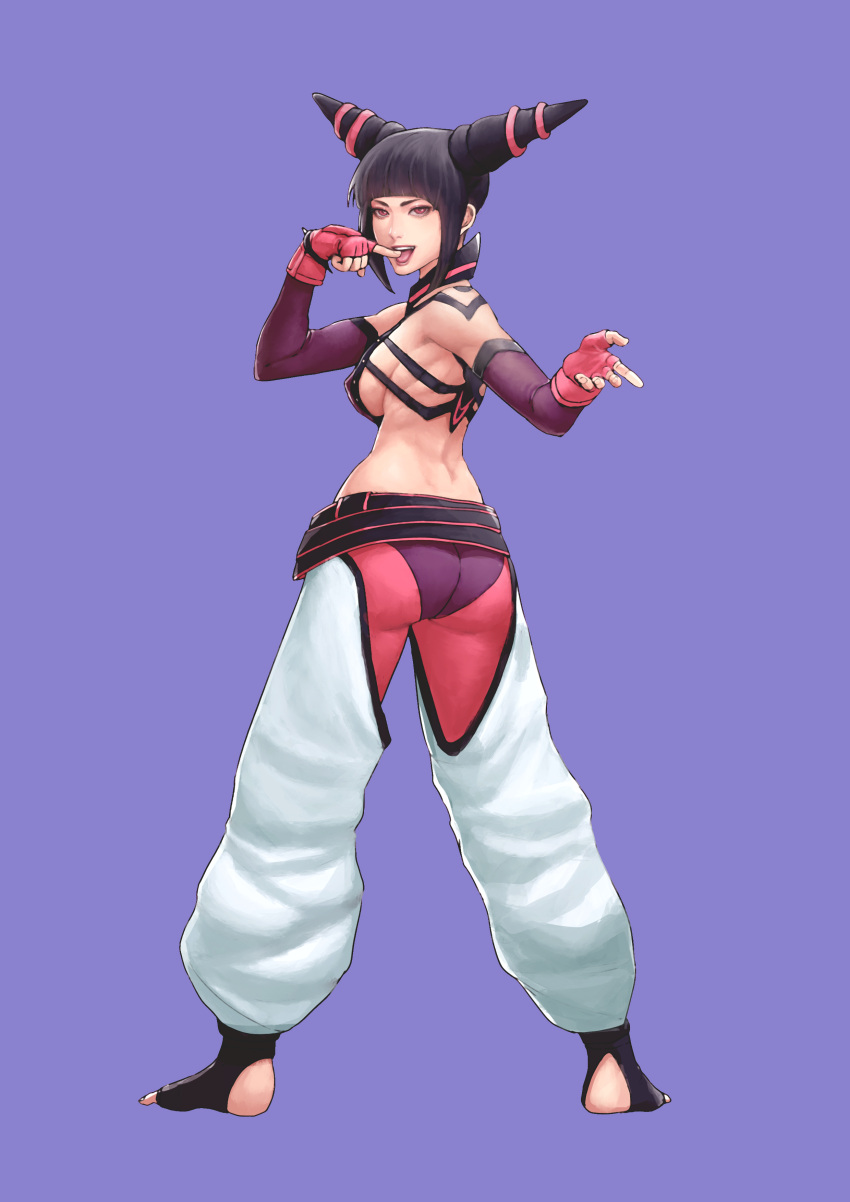 absurdres ass baggy_pants belt black_hair breasts cirenk come_hither drill_hair finger_to_tongue from_behind full_body han_juri highres looking_at_viewer pants sideboob street_fighter street_fighter_iv_(series) toeless_legwear twin_drills