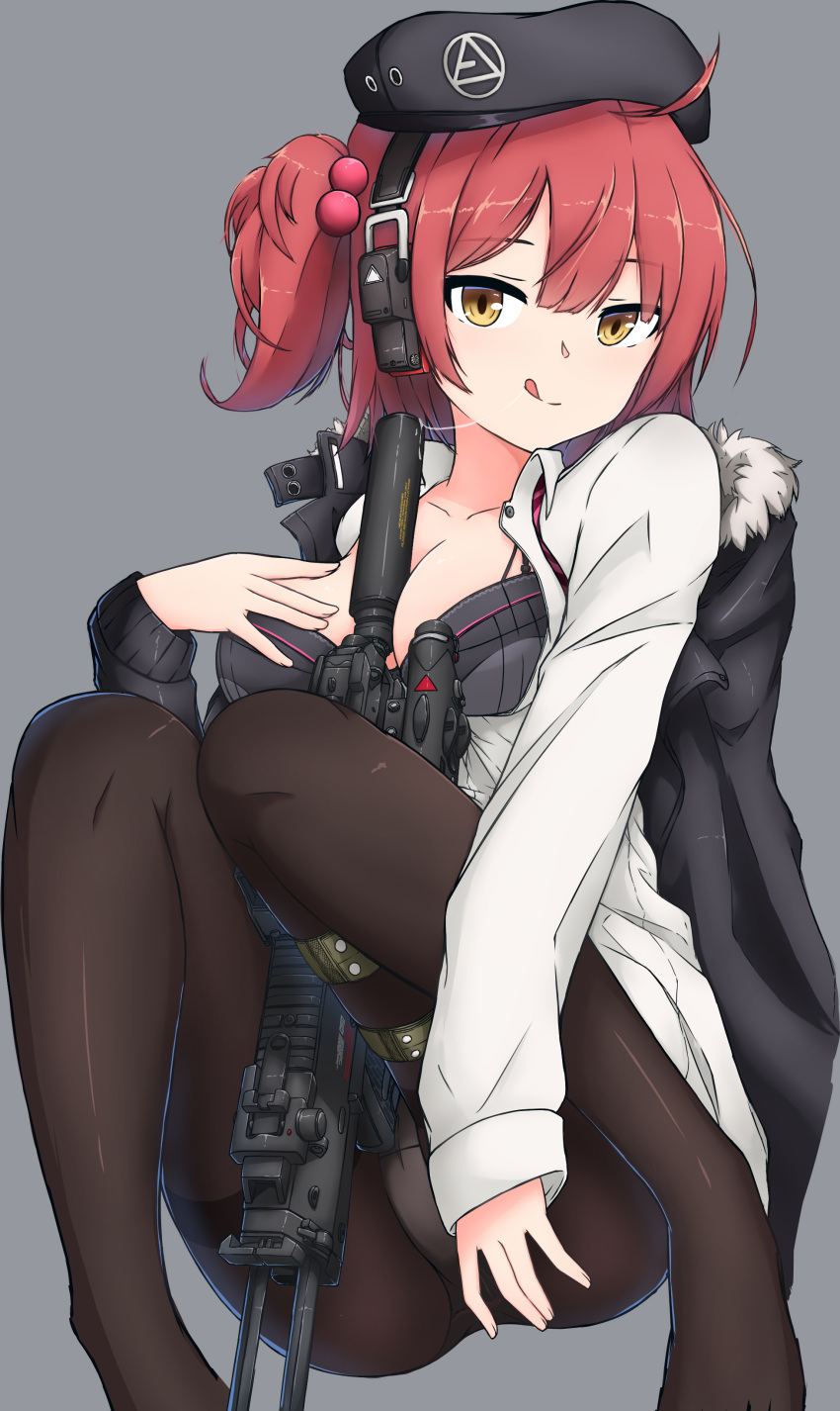 1girl absurdres ahoge beret breasts girls_frontline gun h&amp;k_mp7 hat highres medium_breasts mp7_(girls_frontline) pantyhose partially_undressed redhead saliva saliva_trail short_hair solo submachine_gun tongue tongue_out weapon xandier59 yellow_eyes