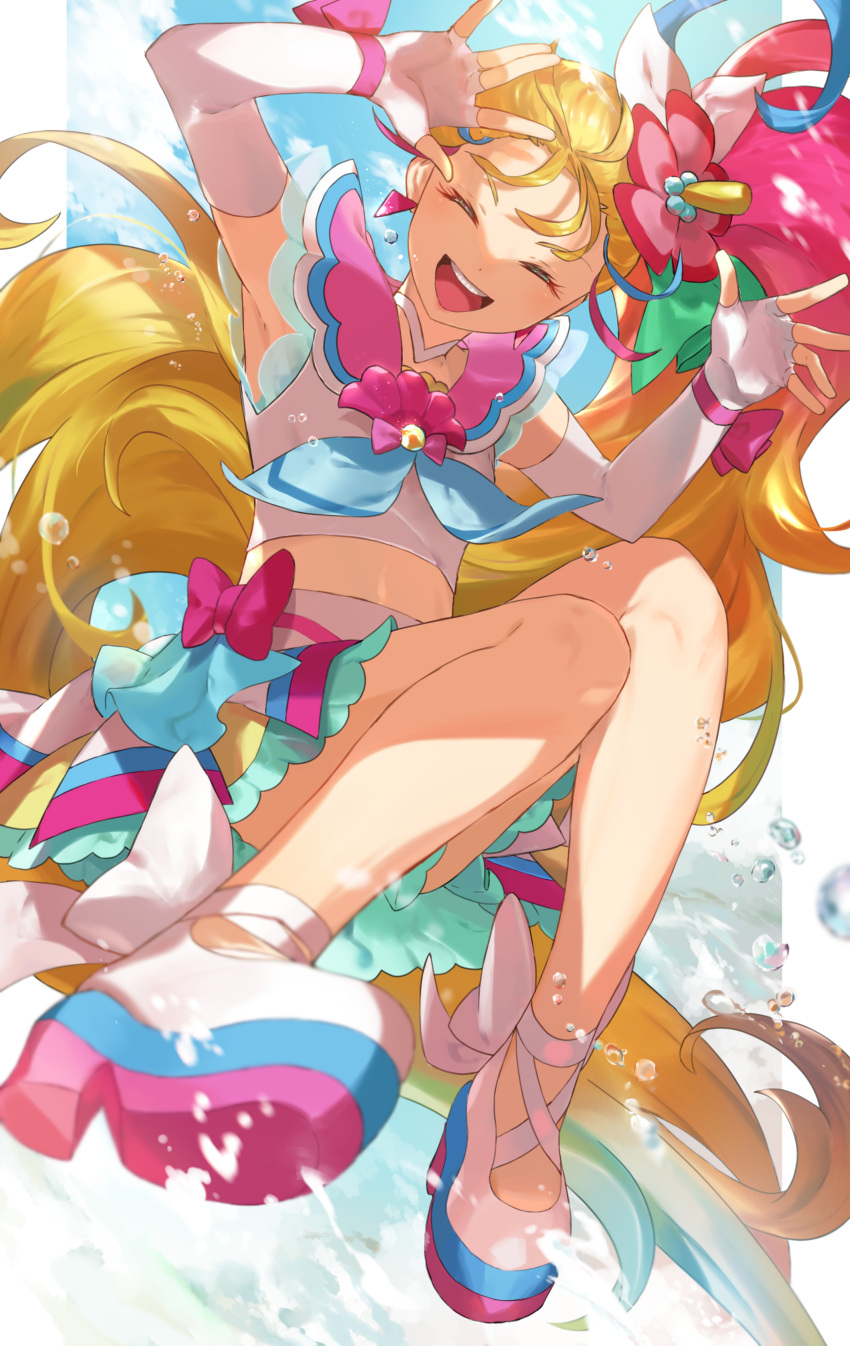 1girl :d ^_^ absurdres armpits blonde_hair choker closed_eyes commentary_request cure_summer earrings elbow_gloves fingerless_gloves flower gloves hair_flower hair_ornament hands_up highres jewelry legs long_hair magical_girl midriff multicolored_hair n-bata natsuumi_manatsu open_mouth pink_hair precure smile solo teeth tropical-rouge!_precure two-tone_hair upper_teeth very_long_hair water white_choker white_gloves