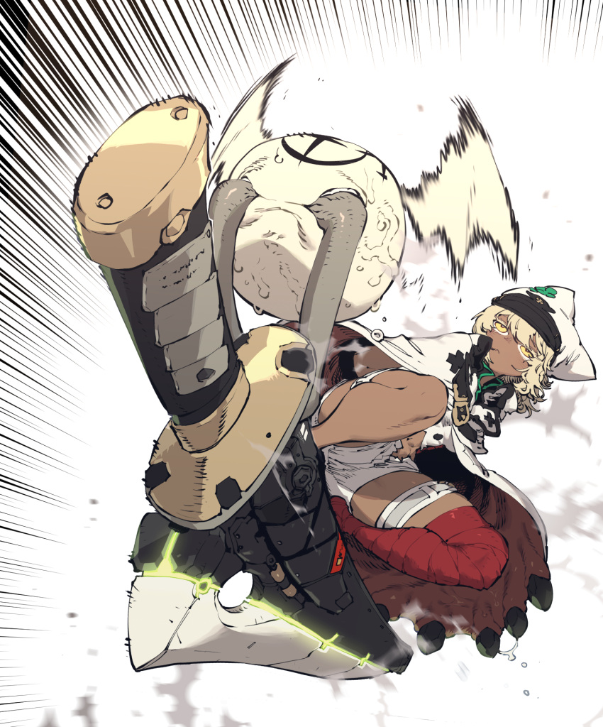 1girl bandages cape clover dark_skin dark-skinned_female expressionless four-leaf_clover frown guilty_gear guilty_gear_strive hair_between_eyes hat highres huge_weapon midriff midriff_peek motion_lines platinum_blonde_hair ramlethal_valentine shorts simple_background solo ssambatea sword thigh_strap thighs weapon white_background white_cape yellow_eyes