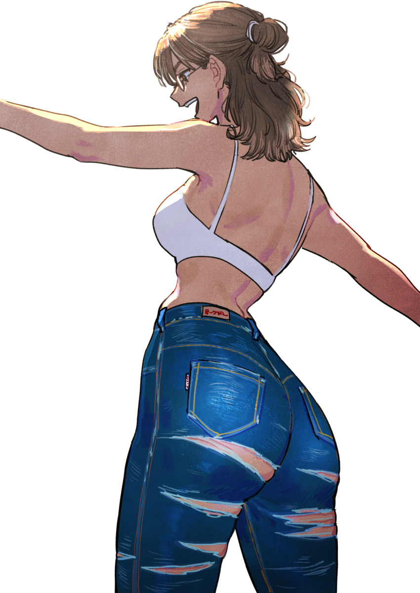 1girl ass back blue_pants bra breasts brown_hair cowboy_shot denim from_behind glasses hair_bun highres jeans medium_breasts medium_hair narrow_waist okada_(hoooojicha) open_mouth original outstretched_arms pants shirtless solo symbol_commentary torn_clothes torn_jeans torn_pants underwear upper_teeth white_bra