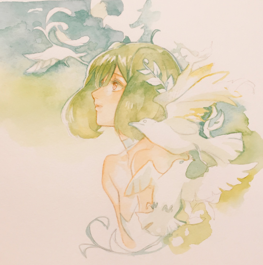 1girl ahoge bare_shoulders bird choker dress green_hair highres kimidori_(kimidoriri) macross macross_frontier ranka_lee red_eyes short_hair sleeveless sleeveless_dress solo strapless strapless_dress traditional_media watercolor_(medium)