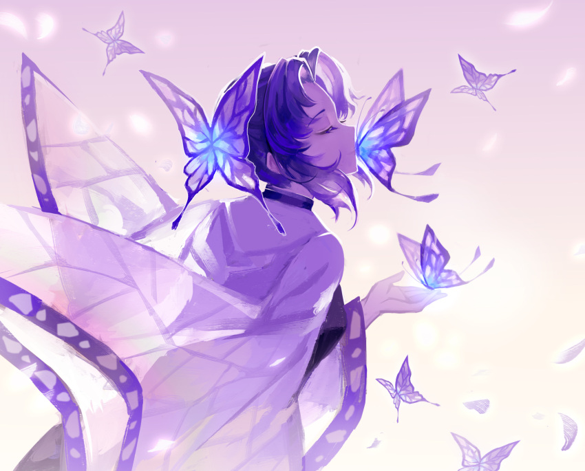 1girl animal_print bangs blue_butterfly bug butterfly butterfly_hair_ornament butterfly_on_finger butterfly_on_lips butterfly_print cherry_blossoms closed_eyes flower from_side hair_intakes hair_ornament hair_up haori high_collar highres insect japanese_clothes kazenemuri kimetsu_no_yaiba kochou_shinobu multicolored_hair parted_bangs profile purple_butterfly purple_hair simple_background solo wisteria