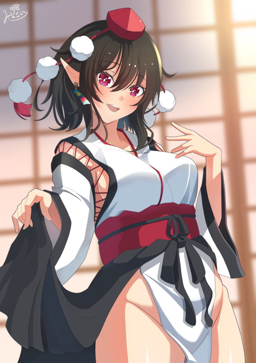 1girl :d amanoyayuki black_hair blurry blurry_background blush breasts bright_pupils collarbone commentary_request cowboy_shot detached_sleeves earrings eyebrows_visible_through_hair groin hair_between_eyes hat highres holding holding_clothes holding_skirt jewelry kourindou_tengu_costume lifted_by_self looking_at_viewer medium_breasts open_mouth pelvic_curtain pom_pom_(clothes) red_eyes red_headwear shameimaru_aya short_hair sideboob skirt skirt_lift sleeves_past_elbows sliding_doors smile solo standing tassel tokin_hat touhou white_pupils wide_sleeves