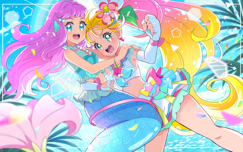 2girls :d bare_shoulders blonde_hair blue_eyes blue_sky bracelet clenched_hand crop_top cure_summer day dutch_angle elbow_gloves fingerless_gloves flower gloves green_eyes hair_flower hair_ornament hug jewelry juugoya_neko laura_la_mer long_hair looking_at_viewer magical_girl mermaid midriff monster_girl multicolored_hair multiple_girls natsuumi_manatsu open_mouth outdoors pink_hair precure side_ponytail sky sleeveless smile tropical-rouge!_precure very_long_hair white_gloves