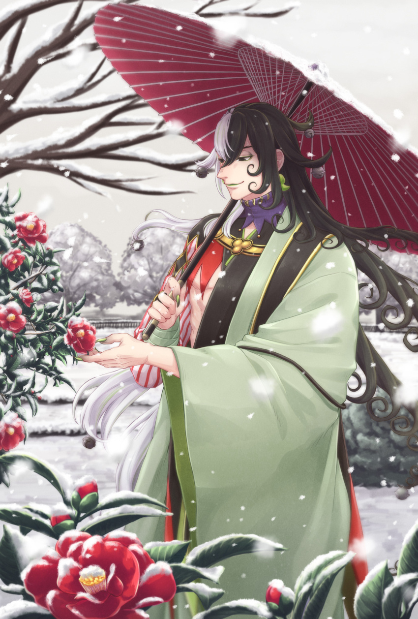 1boy abs ashiya_douman_(fate) asymmetrical_clothes asymmetrical_hair bell black_eyes black_hair camellia commentary_request curly_hair earrings eyeshadow fate/grand_order fate_(series) fingernails flower garden green_eyeshadow green_kimono green_lips green_nails hadanugi_dousa hair_bell hair_between_eyes hair_intakes hair_ornament highres japanese_clothes jewelry jitome kimono leaf light_smile long_hair looking_at_flowers looking_down magatama magatama_earrings makeup male_focus multicolored_hair open_clothes open_kimono outdoors pectorals piyo_toma ribbed_sleeves sharp_fingernails smile snow snowing toned toned_male tree tree_branch two-tone_hair umbrella very_long_fingernails very_long_hair white_hair white_sky wide_sleeves winter