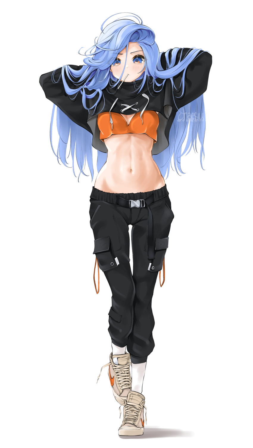 1girl arms_up artist_name beige_footwear black_pants black_sweater blue_eyes blue_hair blush chaesu closed_mouth eyebrows_visible_through_hair full_body hand_in_hair highres in_mouth long_hair long_sleeves looking_at_viewer midriff minah_(chaesu) navel original pants shadow shoes simple_background sneakers socks solo sweater white_background