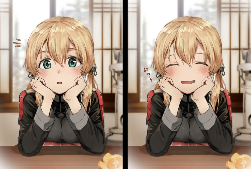 1girl anchor_hair_ornament aqua_eyes bangs blonde_hair blush breasts closed_eyes commentary_request eyebrows_visible_through_hair food fruit hair_ornament hands_on_own_cheeks hands_on_own_face hat head_rest heater indoors kantai_collection kotatsu long_sleeves looking_at_viewer low_twintails mandarin_orange military military_uniform mirui2 multiple_girls multiple_views open_mouth prinz_eugen_(kancolle) smile table twintails uniform