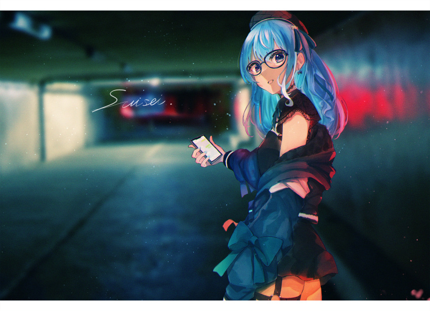 1girl :d absurdres bangs beret blue_eyes blue_hair cellphone character_name cowboy_shot eyelashes from_side glasses hair_ribbon haru_yu hat highres hololive hoshimachi_suisei huge_filesize jacket long_hair looking_at_viewer looking_back looking_to_the_side off_shoulder open_mouth phone ribbon short_sleeves skindentation smartphone smile solo thigh_strap virtual_youtuber