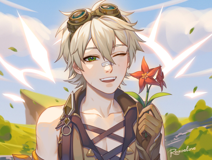 1boy bandaid bandaid_on_face bandaid_on_nose bangs bennett_(genshin_impact) clouds cloudy_sky collarbone day flower genshin_impact gloves goggles goggles_on_head green_eyes hair_between_eyes highres holding holding_flower leaf looking_at_viewer male_focus one_eye_closed open_mouth outdoors red_flower rezoeline scar scar_on_face sky sleeveless smile solo white_hair
