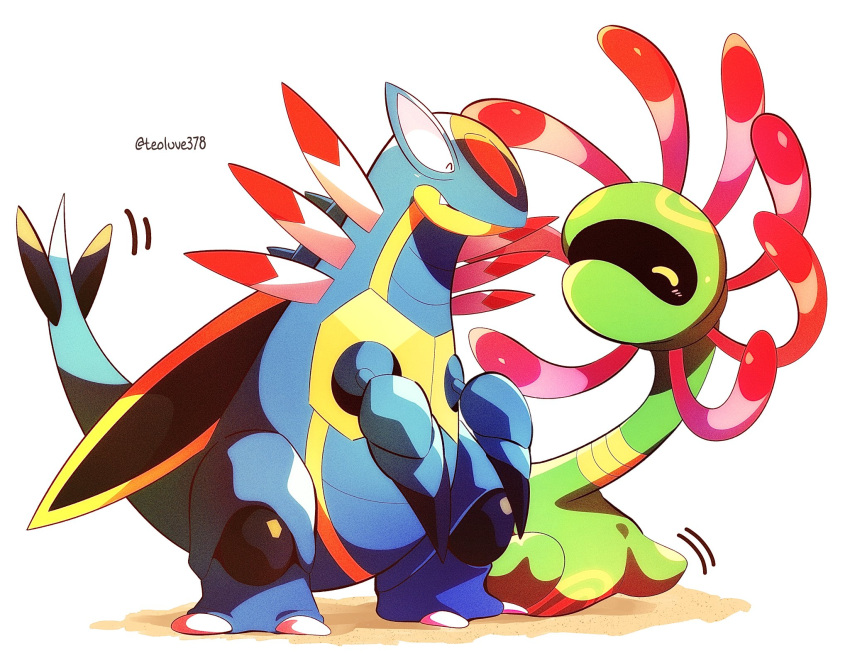 armaldo blush claws closed_eyes closed_mouth commentary cradily english_commentary fang fang_out gen_3_pokemon highres jacknaiff no_humans pokemon pokemon_(creature) standing