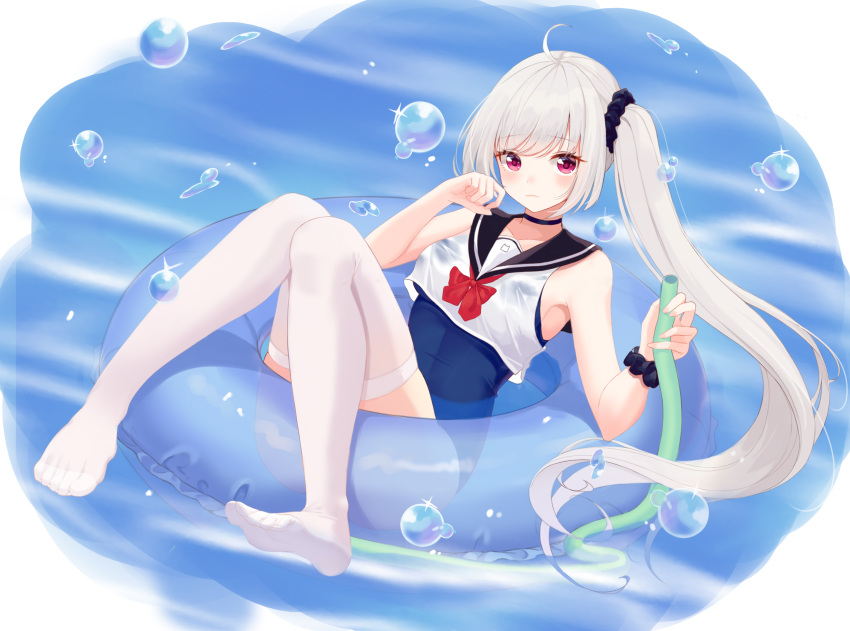 1girl armpits bare_arms bikini dress feet highres jayamon legs long_hair looking_at_viewer no_shoes one-piece_swimsuit original ponytail red_eyes sailor_collar sailor_dress silver_hair soles swimsuit thigh-highs toes water wet wet_clothes white_legwear