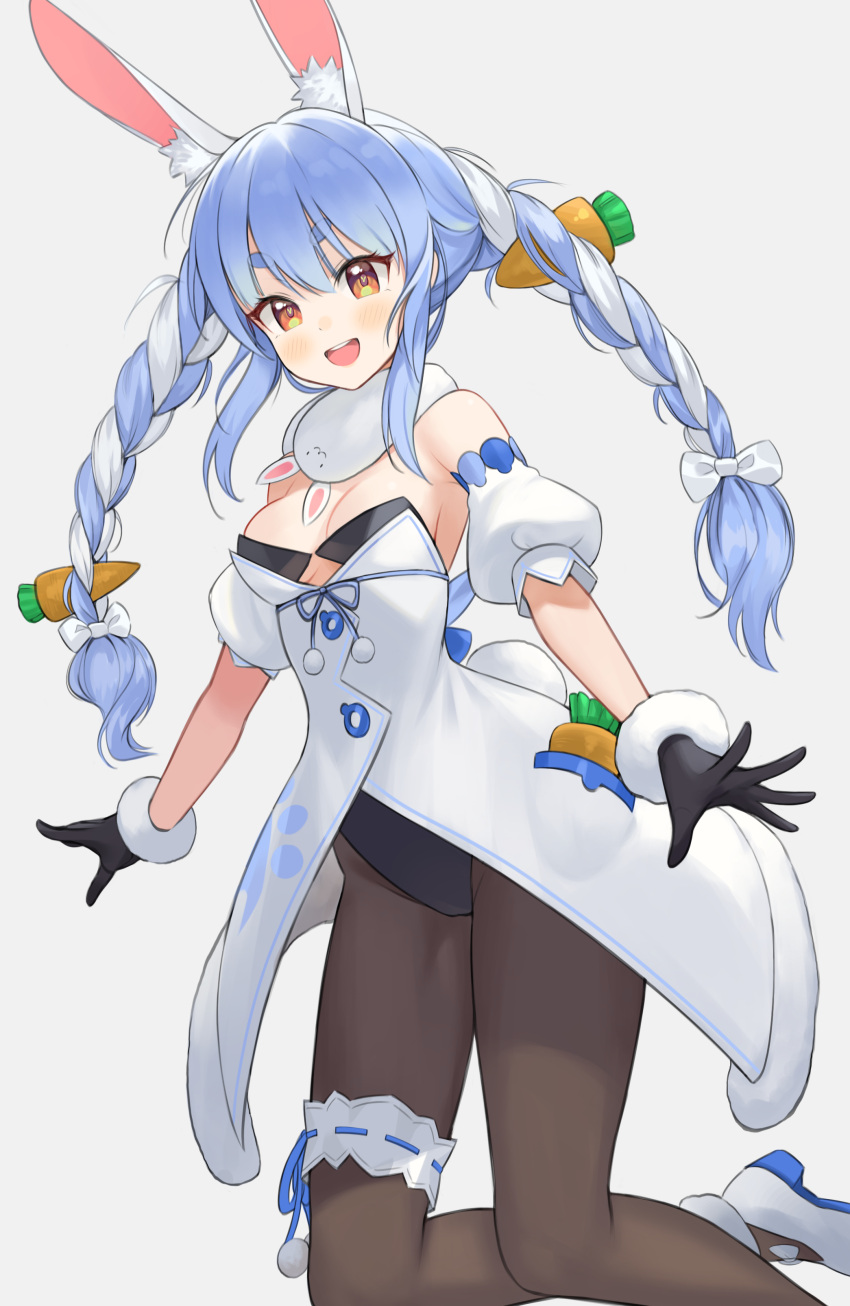 1girl :d absurdres animal_ear_fluff animal_ears arms_at_sides bangs black_gloves black_legwear black_leotard blue_hair blush braid breasts bunny-shaped_pupils bunny_tail carrot_hair_ornament clothing_cutout coat detached_sleeves don-chan_(usada_pekora) food_themed_hair_ornament fur-trimmed_coat fur-trimmed_gloves fur_scarf fur_trim garters gloves haeil2 hair_ornament highres hikimayu hololive jumping leotard leotard_under_clothes long_hair looking_at_viewer mary_janes multicolored_hair open_mouth orange_eyes outstretched_hand pantyhose playboy_bunny puffy_short_sleeves puffy_sleeves rabbit_ears rabbit_girl scarf shoes short_eyebrows short_sleeves simple_background single_garter small_breasts smile solo strapless strapless_coat strapless_leotard swept_bangs tail tail_cutout thick_eyebrows twin_braids twintails two-tone_hair underboob_cutout upper_teeth usada_pekora v-shaped_eyebrows virtual_youtuber white_background white_coat white_footwear white_hair white_scarf white_sleeves