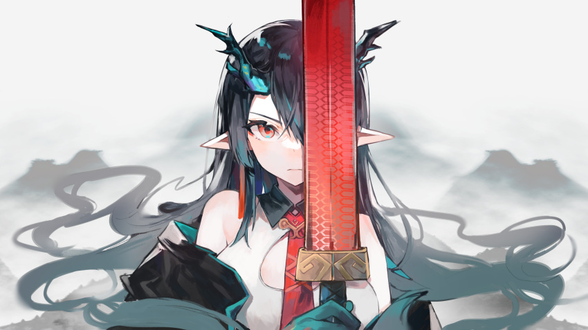 1girl absurdres arknights black_hair blush dusk_(arknights) earrings highres holding holding_weapon horns hoshino_yuu_sama jewelry long_hair looking_at_viewer necktie pointy_ears red_eyes solo sword weapon