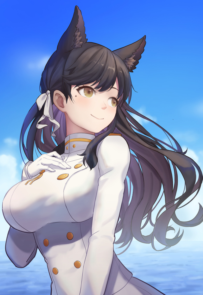 1girl absurdres animal_ears atago_(azur_lane) azur_lane black_hair blue_sky breasts brown_eyes closed_mouth eyebrows_visible_through_hair gloves hair_ribbon hand_on_own_chest highres jiantai large_breasts long_hair looking_away mole mole_under_eye ocean ribbon simple_background sky smile solo uniform water white_gloves white_ribbon white_uniform