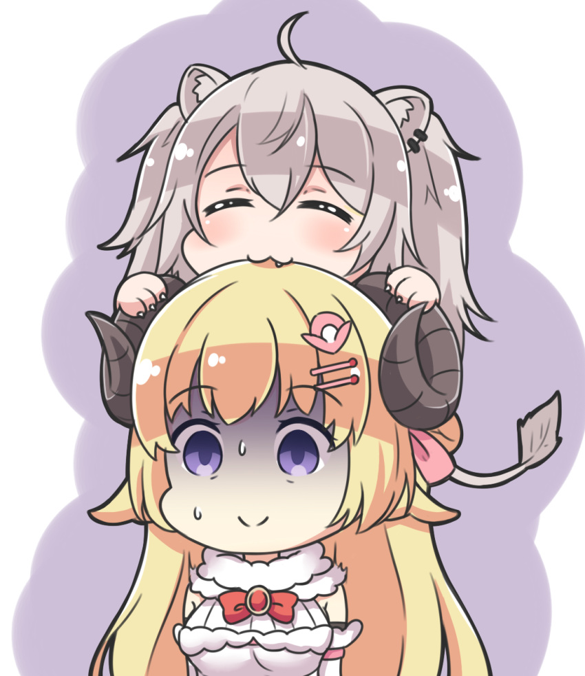 2girls :3 ahoge animal_ear_fluff animal_ears bangs biting blonde_hair bow breasts claws closed_eyes closed_mouth commentary_request detached_sleeves dress eyebrows_visible_through_hair facing_viewer fang grey_hair hair_between_eyes hair_ornament hairclip head_biting highres hololive large_breasts lion_ears lion_girl lion_tail long_hair multiple_girls purple_background red_bow rutorifuki shishiro_botan smile tail tsunomaki_watame turn_pale two-tone_background two_side_up upper_body very_long_hair violet_eyes virtual_youtuber white_background white_dress white_sleeves
