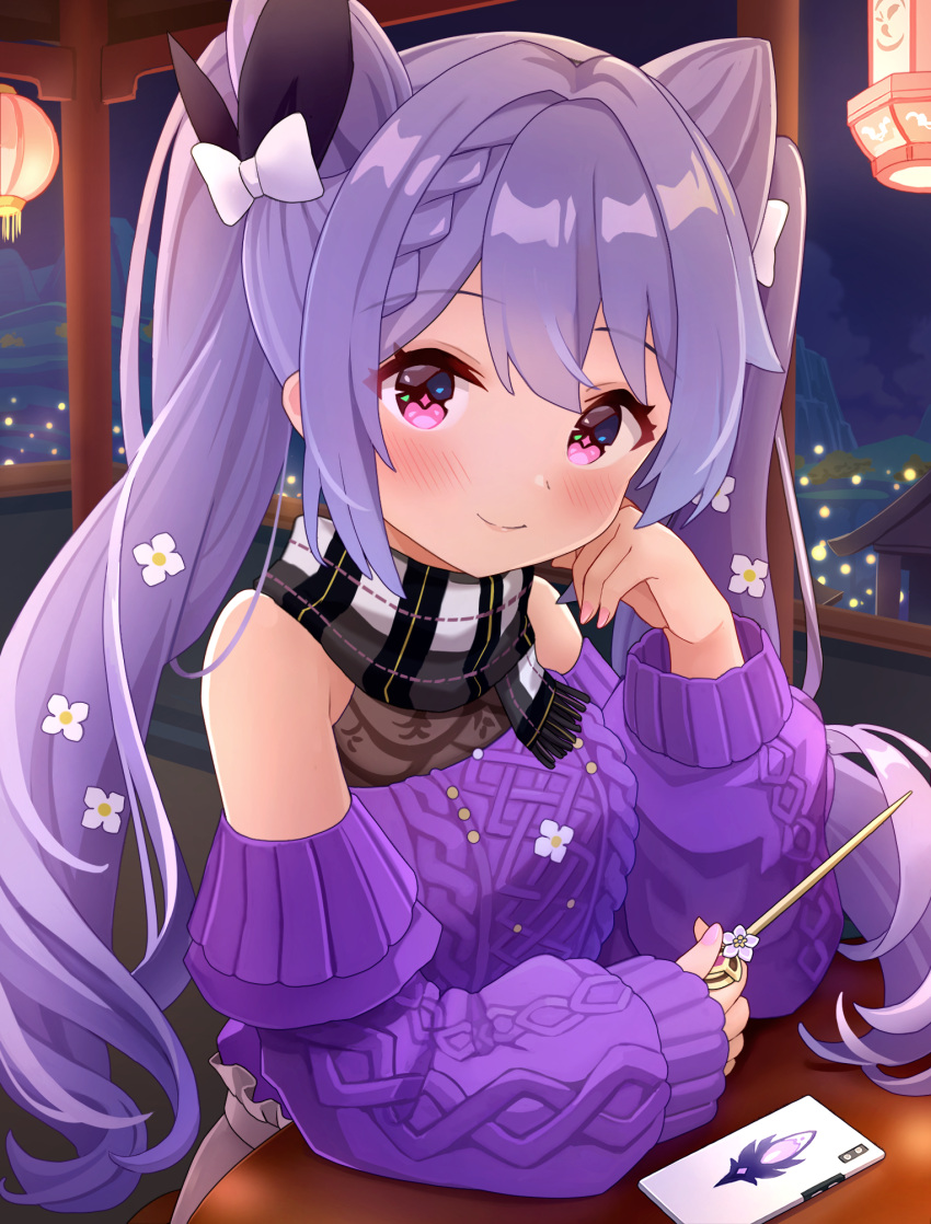 1girl bare_shoulders blush bow braid breasts casual cellphone double_bun fingernails flower frilled_skirt frills genshin_impact hair_bow hair_bun hair_flower hair_ornament hairclip highres keqing_(genshin_impact) lantern long_hair long_sleeves looking_at_viewer night nomio phone pink_nails plaid plaid_scarf purple_sweater scarf sitting skirt smile solo sweat sweater symbol-shaped_pupils table twintails