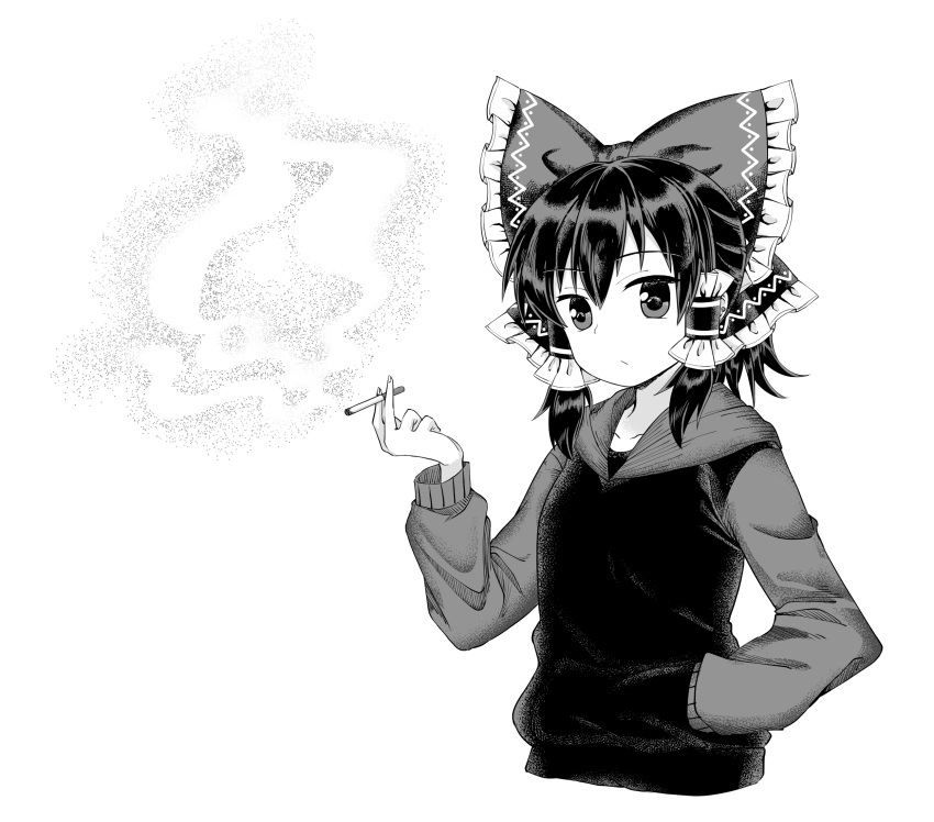 1girl bangs bow cigarette closed_mouth commentary_request cookie_(touhou) eyebrows_visible_through_hair frilled_bow frills gnzy greyscale hair_between_eyes hair_bow hair_tubes hakurei_reimu hand_in_pocket highres holding holding_cigarette hood hoodie long_sleeves looking_at_viewer maru_(cookie) monochrome shirt short_hair simple_background smoke smoking solo touhou upper_body white_background