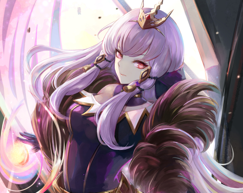1girl bangs commentary dress fire_emblem fire_emblem:_three_houses fire_emblem_heroes fur_trim long_hair looking_at_viewer lysithea_von_ordelia official_alternate_costume pink_eyes purple_dress silver_hair solo upper_body