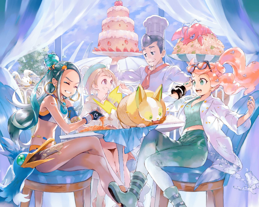 1boy 3girls armlet belly_chain bike_shorts blue_eyeshadow boots bracelet brown_hair brown_panties cardigan chair clauncher closed_eyes commentary_request cook_(pokemon) cramorant curry dark_skin dark-skinned_female dynamax_band earrings eyelashes eyeshadow eyewear_on_head food food_on_face gen_3_pokemon gen_6_pokemon gen_8_pokemon glass gloria_(pokemon) gloves green_eyes green_footwear green_headwear green_nails green_shirt grey_cardigan grin gym_leader hair_bun hair_ornament hat heart heart_hair_ornament highres holding hooded_cardigan hoop_earrings jewelry long_hair makeup multiple_girls nail_polish necklace nessa_(pokemon) orange_hair orange_mikan panties pants pantyshot pokemon pokemon_(creature) pokemon_(game) pokemon_swsh ribbed_shirt rice shirt sitting smile sonia_(pokemon) spilling sunglasses table tablecloth tail tail_wagging tam_o'_shanter underwear water wingull yamper