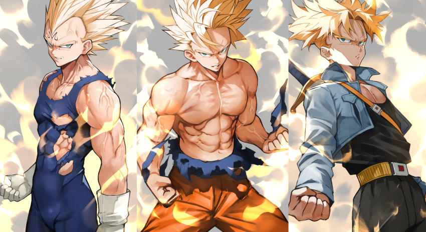 3boys abs absurdres aqua_eyes bare_shoulders belt belt_buckle blonde_hair blue_jacket buckle clenched_hands collarbone cowboy_shot cropped_jacket dragon_ball dragon_ball_z father_and_son gloves grin highres jacket looking_at_viewer majin_vegeta multiple_boys muscular pectorals serious sheath sheathed shirtless skin_tight smile son_goku spiky_hair super_saiyan super_saiyan_1 sword torn_clothes trunks_(future)_(dragon_ball) vegeta veins weapon white_gloves widow's_peak yoshio_(55level)