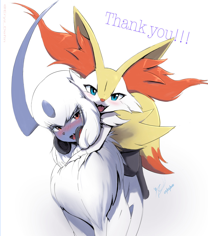 1girl :3 absol absurdres alternate_eye_color animal_ear_fluff animal_ears animal_nose artist_name bangs black_fur blue_eyes blush body_fur braixen commentary dated english_commentary english_text eryz eyebrows_visible_through_hair fangs fluffy fox_ears fox_girl fox_tail furry gen_3_pokemon gen_6_pokemon happy head_tilt headphones headphones_around_neck highres hug looking_at_another looking_at_viewer looking_to_the_side nose_blush open_mouth pokemon pokemon_(creature) riding short_hair signature simple_background smile standing straddling tail thank_you twitter_username watermark white_background white_fur white_hair yellow_fur