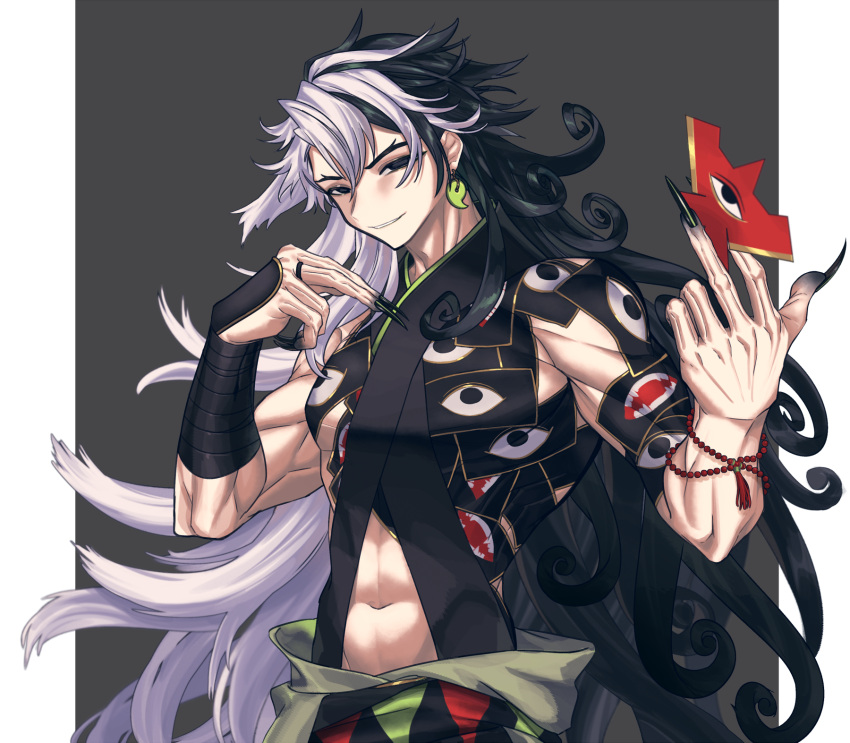 1boy abs alternate_hairstyle angellyuna ashiya_douman_(fate) asymmetrical_hair bead_bracelet beads black_eyes black_hair black_nails blush border bracelet curly_hair earrings fate/grand_order fate_(series) grey_background grin hair_between_eyes hair_intakes highres holding holding_weapon jewelry long_hair magatama magatama_earrings male_focus midriff multicolored_hair official_alternate_costume pectorals pointing pointing_at_self revealing_clothes simple_background single_bare_shoulder smile toned toned_male two-tone_hair very_long_fingernails very_long_hair weapon white_border white_hair