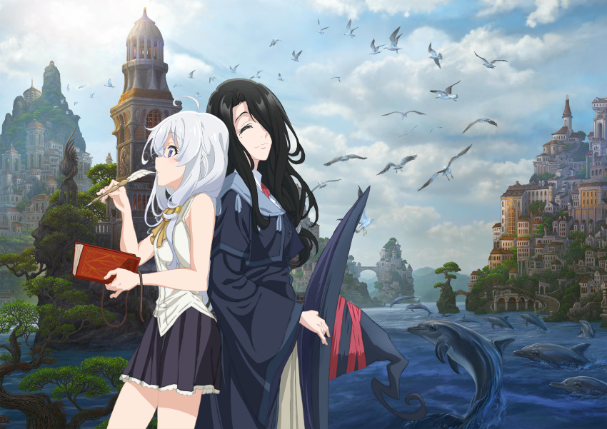 2girls ahoge back-to-back bird black_capelet black_dress black_hair black_headwear black_skirt blue_eyes brown_neckwear capelet closed_eyes clouds day dolphin dress dress_shirt elaina_(majo_no_tabitabi) fran_(majo_no_tabitabi) from_side hair_over_one_eye hat highres holding holding_clothes holding_hat holding_pen long_hair majo_no_tabitabi miniskirt mole mole_under_eye multiple_girls official_art outdoors pen pleated_skirt profile shiny shiny_hair shirt silver_hair skirt sleeveless sleeveless_shirt teacher_and_student tower white_shirt witch_hat