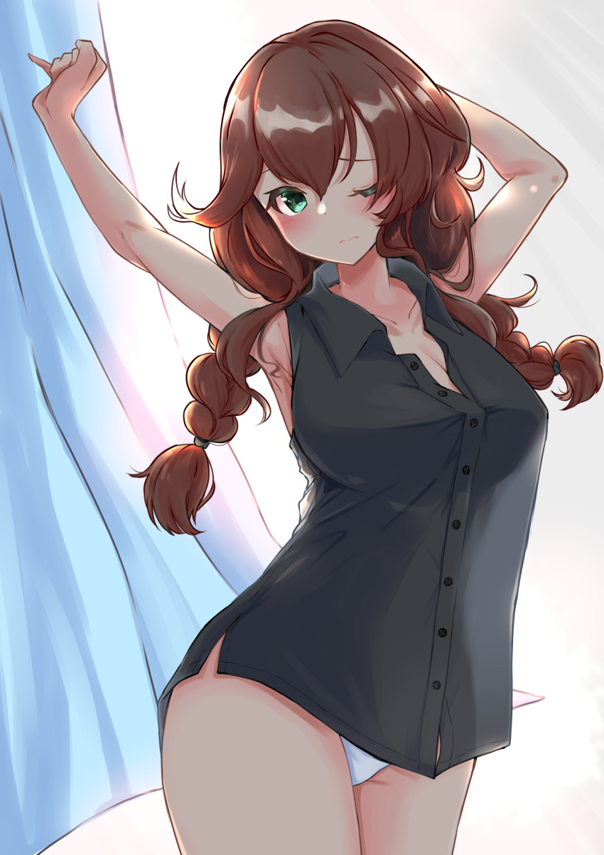 1girl absurdres bangs black_shirt braid breasts brown_hair curtains dress_shirt green_eyes highres kantai_collection komb large_breasts noshiro_(kancolle) one_eye_closed panties shirt sleeveless sleeveless_shirt solo standing stretch swept_bangs twin_braids underwear white_panties