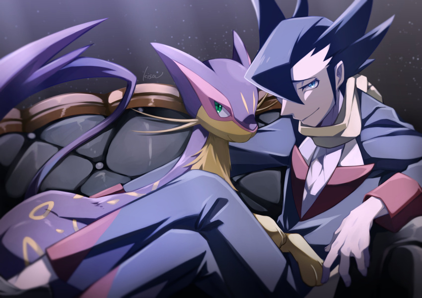 1boy absurdres bangs black_hair blue_eyes closed_mouth commentary_request couch crossed_legs elite_four gen_5_pokemon grimsley_(pokemon) half-closed_eyes highres jacket kisa_(kisa-kisa5900) liepard long_sleeves male_focus pants pokemon pokemon_(creature) pokemon_(game) pokemon_bw reclining scarf shoes smile solo yellow_scarf