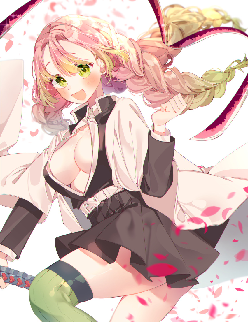 1girl :d absurdres ass bangs belt black_skirt breasts clenched_hands eyebrows_visible_through_hair eyelashes gradient_hair green_hair green_legwear hair_between_eyes haori highres holding holding_sword holding_weapon japanese_clothes kanroji_mitsuri kimetsu_no_yaiba large_breasts leg_up light long_sleeves looking_at_viewer miniskirt mole mole_under_eye multicolored_hair open_mouth parted_bangs partially_unbuttoned patzzi petals pink_hair ribbed_legwear sanpaku shine shiny shiny_clothes shiny_hair shiny_legwear shiny_skin skirt smile solo sword thick_thighs thighs tri_braids weapon whip_sword white_background white_belt