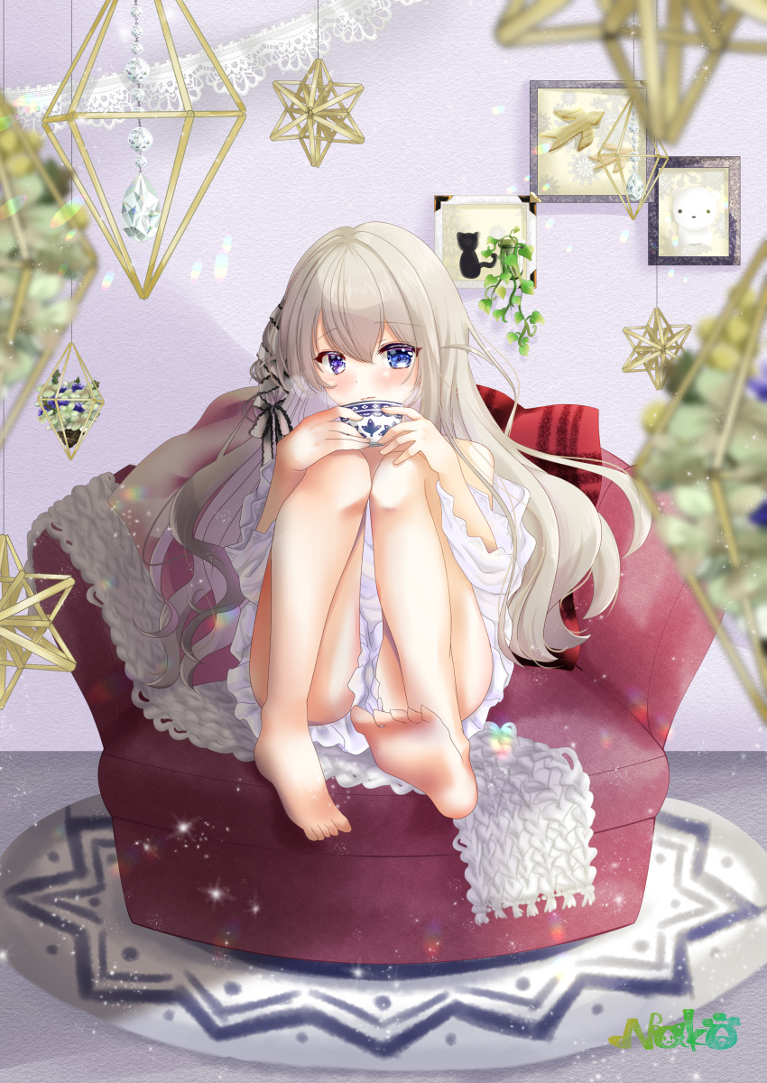 1girl absurdres armchair artist_name azur_lane bare_legs barefoot blue_eyes blush chair closed_mouth cup eyebrows_visible_through_hair hair_ribbon heterochromia highres holding holding_cup huge_filesize legs long_hair looking_at_viewer murmansk_(azur_lane) murmansk_(sceneries_of_pure_snow)_(azur_lane) nako_nya nightgown pillow platinum_blonde_hair ribbon sitting soles solo teacup violet_eyes white_nightgown
