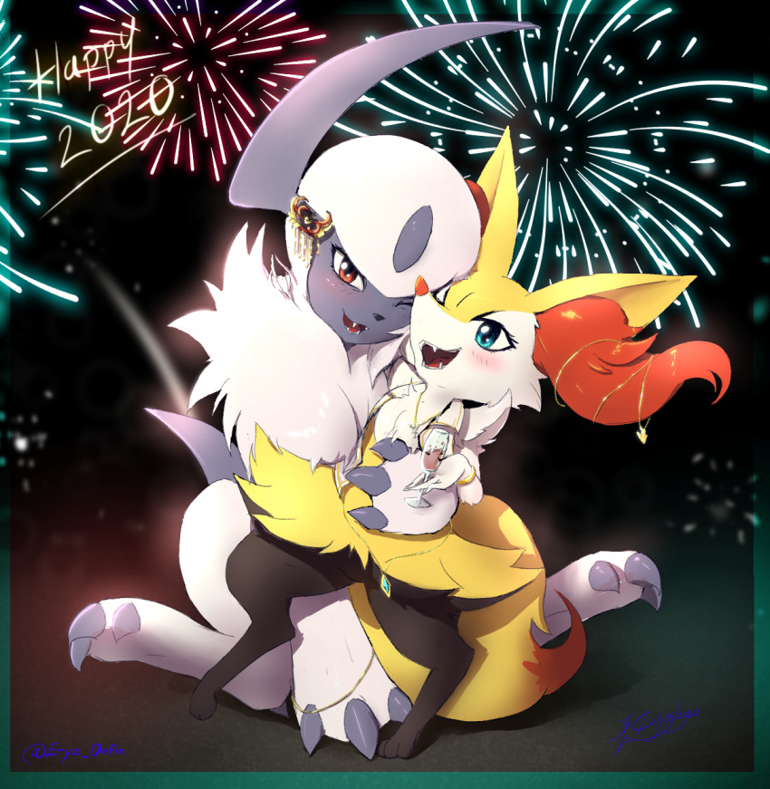 1girl 2020 :3 absol alcohol alternate_eye_color animal_ear_fluff animal_ears animal_nose arm_around_waist artist_name black_fur blue_eyes blush body_fur border braixen chain champagne_flute cheek-to-cheek claws commentary crystal cup dated drink drinking_glass english_commentary eryz fangs fireworks flat_chest fox_ears fox_girl fox_tail full_body furry gen_3_pokemon gen_6_pokemon gold green_border hair_ornament happy happy_new_year head_tilt highres holding holding_cup hug jewelry leg_up looking_at_viewer necklace new_year night one_eye_closed open_mouth outdoors paws pokemon pokemon_(creature) red_eyes sapphire_(gemstone) short_hair signature sitting smile snout standing standing_on_one_leg tail teeth twitter_username white_fur white_hair yellow_fur