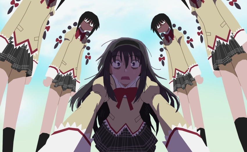 1girl akemi_homura all_fours arm_support arms_at_sides artist_request bags_under_eyes bangs beige_vest black_hair black_hairband black_legwear bow braid checkered checkered_skirt clouds cloudy_sky collared_shirt derivative_work eyebrows_visible_through_hair faceless faceless_female flat_color from_below glasses grey_skirt hair_between_eyes hairband highres kneehighs long_hair long_sleeves mahou_shoujo_madoka_magica mahou_shoujo_madoka_magica_movie messy_hair mitakihara_school_uniform multiple_views open_mouth outdoors perspective pleated_skirt puffy_long_sleeves puffy_sleeves red_bow sanpaku scared school_uniform semi-rimless_eyewear shirt sidelocks skirt sky source_request surprised sweat symbolism white_shirt