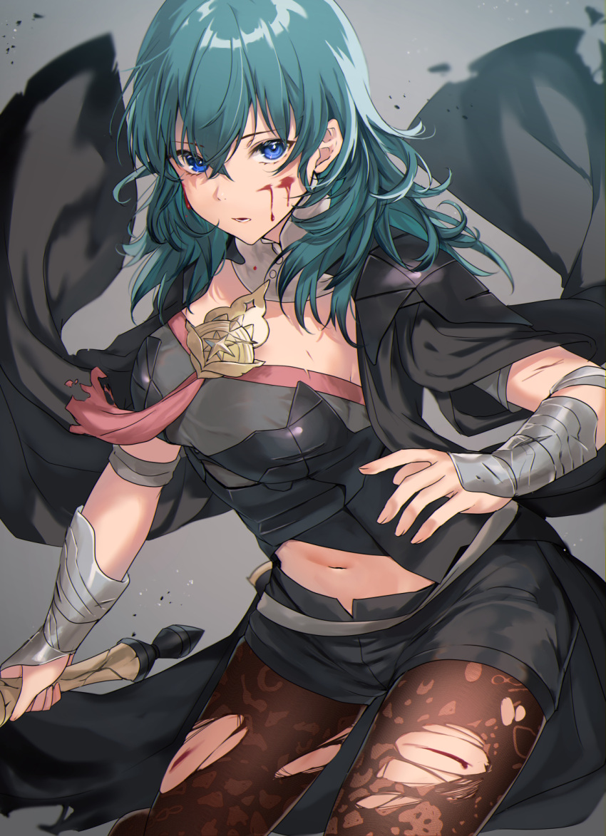 1girl armor bangs black_armor black_cape black_shirt black_shorts blood blood_on_face blood_on_leg blue_eyes blue_hair breasts brown_legwear byleth_(fire_emblem) byleth_eisner_(female) cape clothing_cutout commentary cowboy_shot crop_top crossed_bangs emblem eyebrows_visible_through_hair fire_emblem fire_emblem:_three_houses grey_background groin hair_between_eyes haru_(nakajou-28) highres holding holding_sword holding_weapon injury large_breasts long_hair looking_at_viewer lower_teeth navel navel_cutout pantyhose parted_lips patterned_clothing sheath shirt short_shorts short_sleeves shorts shoulder_armor sidelocks simple_background solo standing sword sword_of_the_creator torn_cape torn_clothes torn_legwear vambraces weapon
